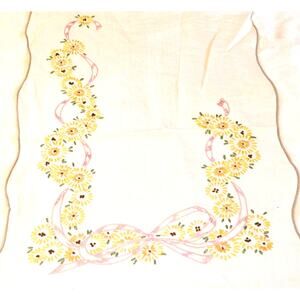 Vtg Linen Embroidered Dresser Scarf Runner Scalloped Edge Yellow Pink Flowers